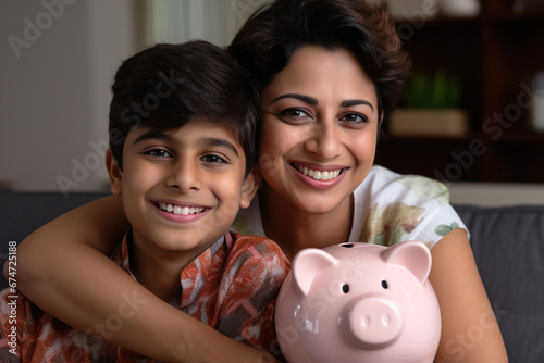 Head shot portrait of smiling Indian mother with 7s Caucasian son holding pink piggy bank, hugging and sitting on couch, happy family saving money for future photo