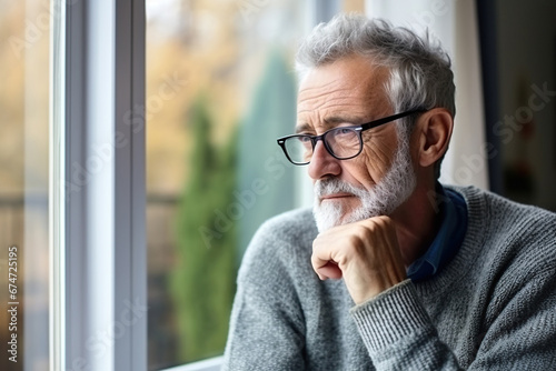 Head shot thoughtful upset mature 60s man looking out window at home alone, touching chin, lost in thoughts photo