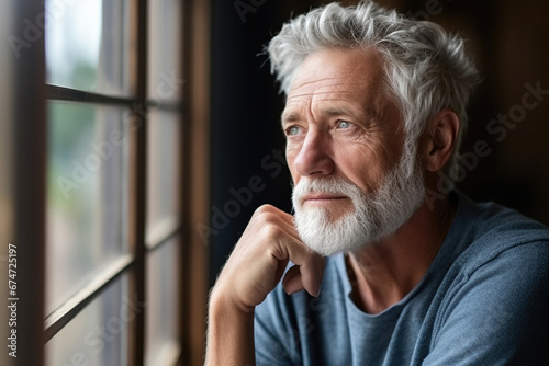 Head shot thoughtful upset mature 60s man looking out window at home alone, touching chin, lost in thoughts photo