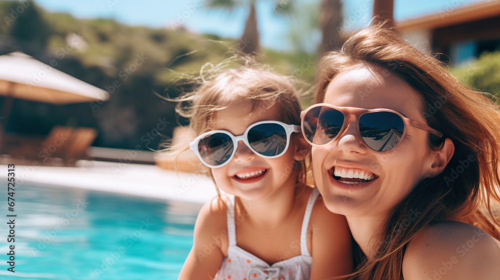 Laughing Mother And Daughter Wearing Sunglasses Having Fun In Swimming Pool On Summer Vacation