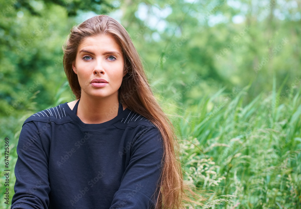 Outdoor, woman and portrait with exercise fashion with style and trendy clothing with confidence. Park, garden and fitness for wellness of a female athlete from Germany with training for health Outdoor, woman and portrait with exercise fashion with style and trendy clothing with confidence. Park, garden and fitness for wellness of a female athlete from Germany with training for health