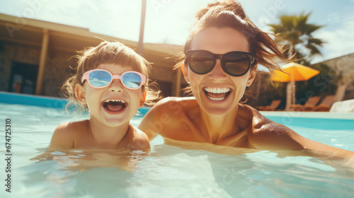 Laughing Mother And Daughter Wearing Sunglasses Having Fun In Swimming Pool On Summer Vacation