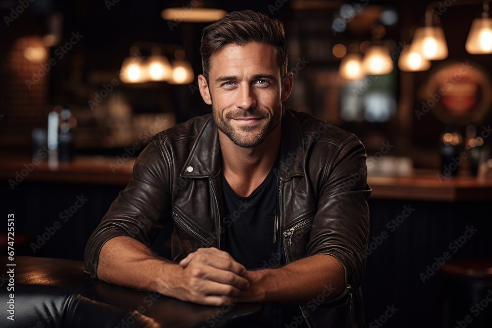 Portrait of a handsome man in a leather jacket sitting at the bar Portrait of a handsome man in a leather jacket sitting at the bar