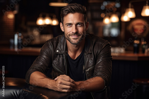 Portrait of a handsome man in a leather jacket sitting at the bar
