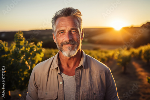 Portrait of a handsome mature man in a vineyard at sunset