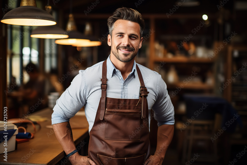 Portrait of a smiling male craftsman in apron working in his workshop Portrait of a smiling male craftsman in apron working in his workshop