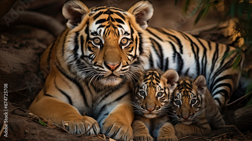 A protective tigress nurturing her cubs, a tender moment in the wild Ai Generative