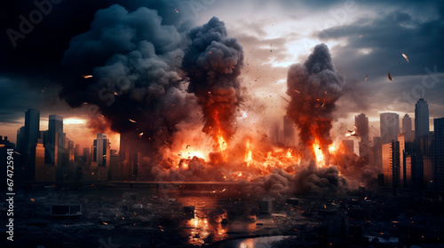 Scene of city explosion in ruins after being engulfed by flames, image generated by AI