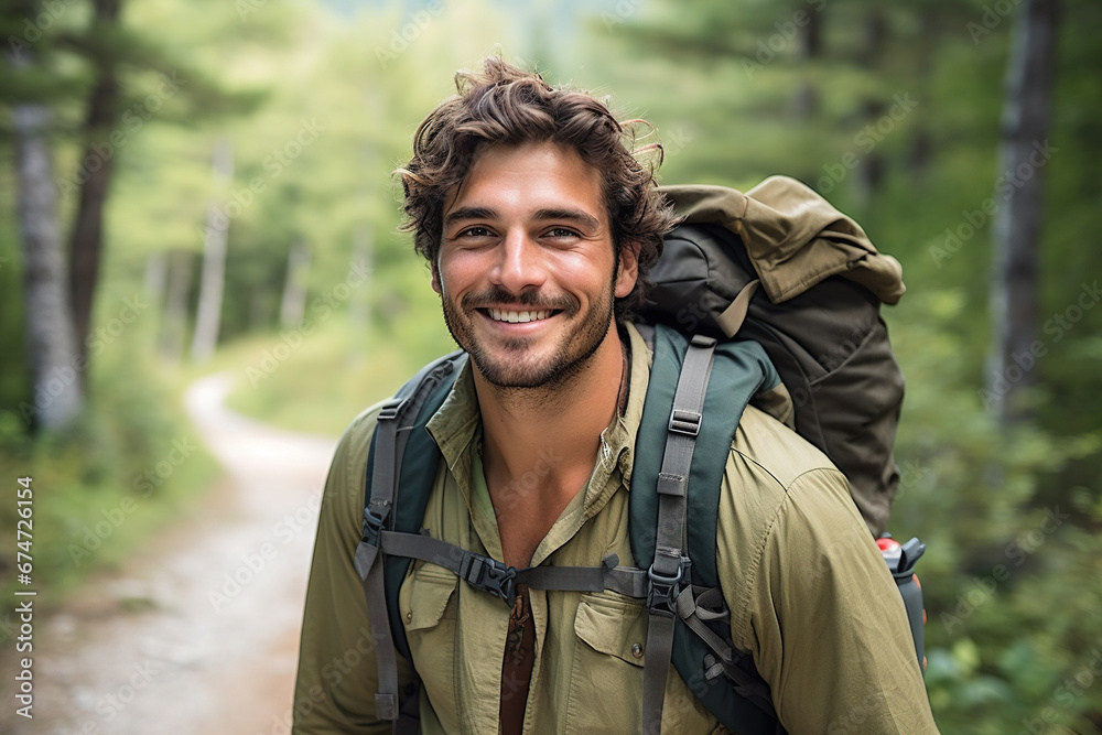 Portrait of smiling man with backpack standing on forest trail in the countryside