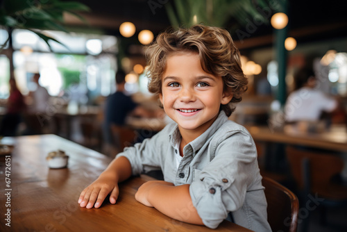 Portrait of smiling little boy sitting at table in cafe and looking at camera