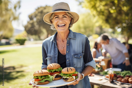 Portrait of smiling mature woman eating hamburger at picnic in park photo