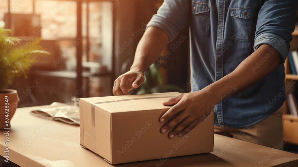 young man taping a cardboard box, preparing it for shipment. ai generative young man taping a cardboard box, preparing it for shipment. ai generative