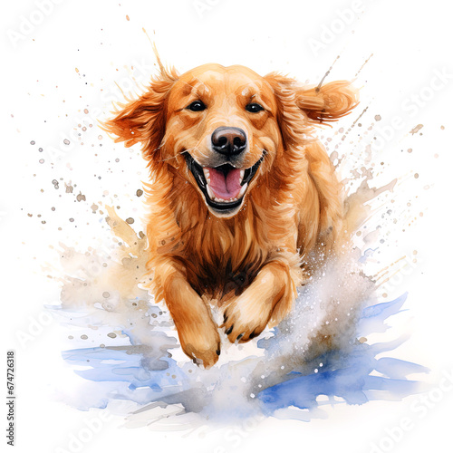 Beautiful golden retriever dog running through a puddle. Watercolour painting isolated on white background.