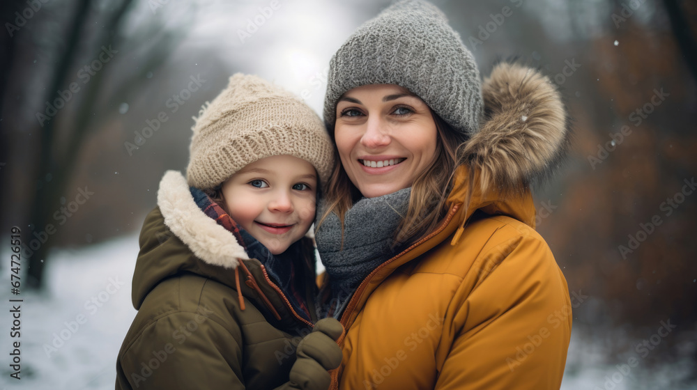 A joyful moment of a smiling woman warmly dressed in winter clothing, holding a cheerful young child, both enjoying a snowy day outdoors.