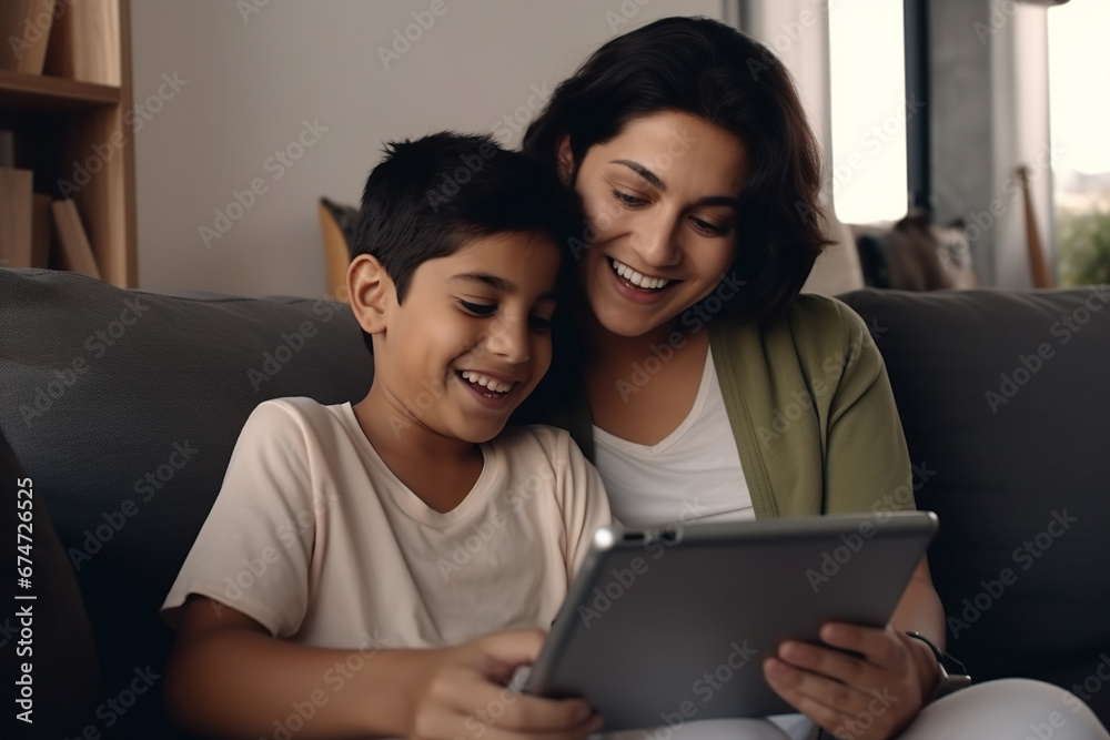 Smiling Latin mother with son using tablet at home, relaxing sitting on cozy couch together. Smiling Latin mother with son using tablet at home, relaxing sitting on cozy couch together.