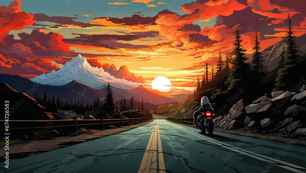 Motocyklista podróżujący o zachodzie słońca.  - obrazy, fototapety, plakaty 