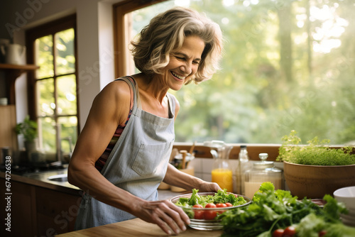 Smiling mature woman in eyeglasses cooking salad in kitchen at home