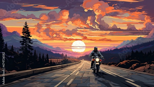 Motocyklista podróżujący o zachodzie słońca. 