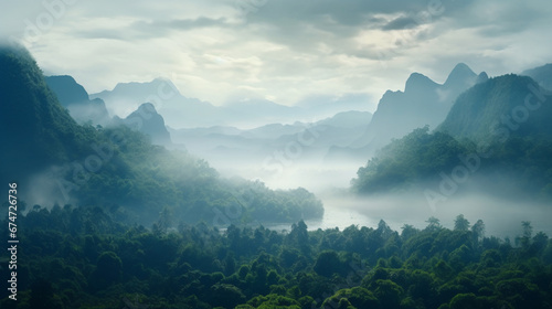 A landscape of a jungle in the fog