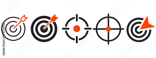 Target icon set . Set of Aim, Target and Goal icons. Editable line vector. Symbol of a gun sight, purpose with a red arrow in the middle. Eps10 vector illustration.