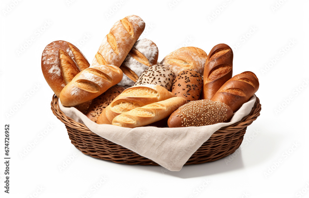 Various kinds of breads in basket isolated on a white background