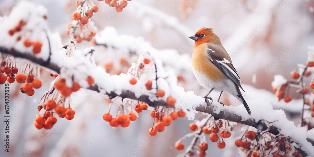 Snow-covered mountain ash with a bird. ai generative