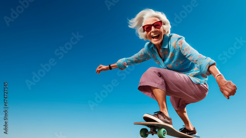 Charming funny older woman dressed in fashionable attire, skillfully using skateboard against backdrop of blue sky photo