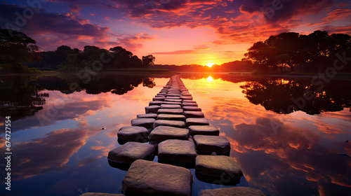 A scenic pathway of stepping stones leading to a vibrant sunset across a serene lake Ai Generative