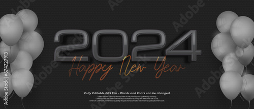 Happy new year 2024 black edition with editable number three dimension text style