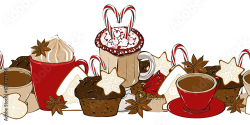 Christmas seamless border gingerbread cookies and coffee cup. Dessert and winter hot drink, horizontal repeat hand drawn illustration in sketch style.
