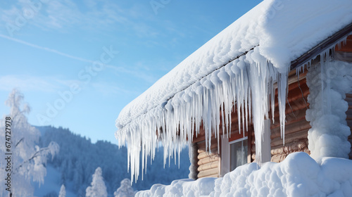 Dangerous icicles hang on the roof of a house in frosty weather. ai generative
