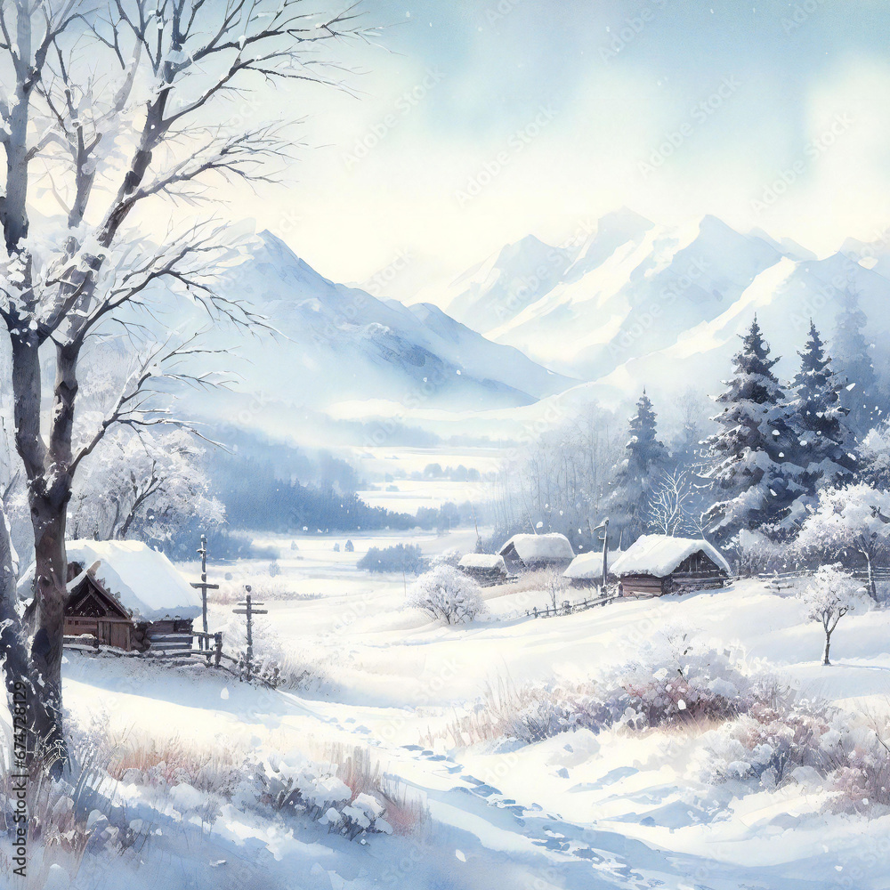 Watercolor illustration bathes the snowy landscape in the soft glow of morning light
