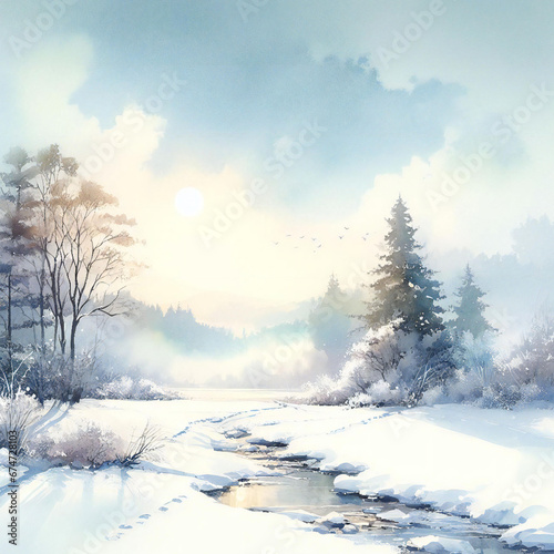 Watercolor painting design with a snowy morning landscape emerges tranquil beauty © MdAbadur