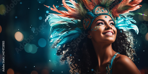 portrait of a dancer girl in a festive outfit made of feathers and decorations at the Carnaval in Rio de Janeiro. ai generative