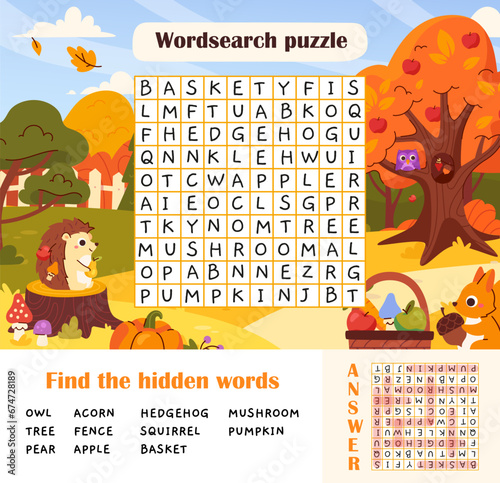 Autumn wordsearch puzzle. Education and learning, training. Logical puzzle and riddle for kids. Letters and alphabet, find words. Poster or banner. Cartoon flat vector illustration