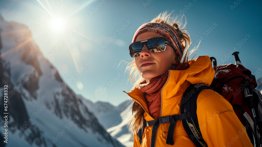 Portrait of beautiful mountaineer girl in yellow winter jacket and hiking glasses, looking at landscape on way to top among snow mountains