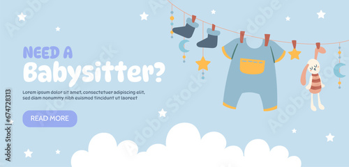 Babysitter advertising poster. Clothes at rope at background of sky with clouds. Care about kids and children. Landing page design. Graphic element for website. Cartoon flat vector illustration photo