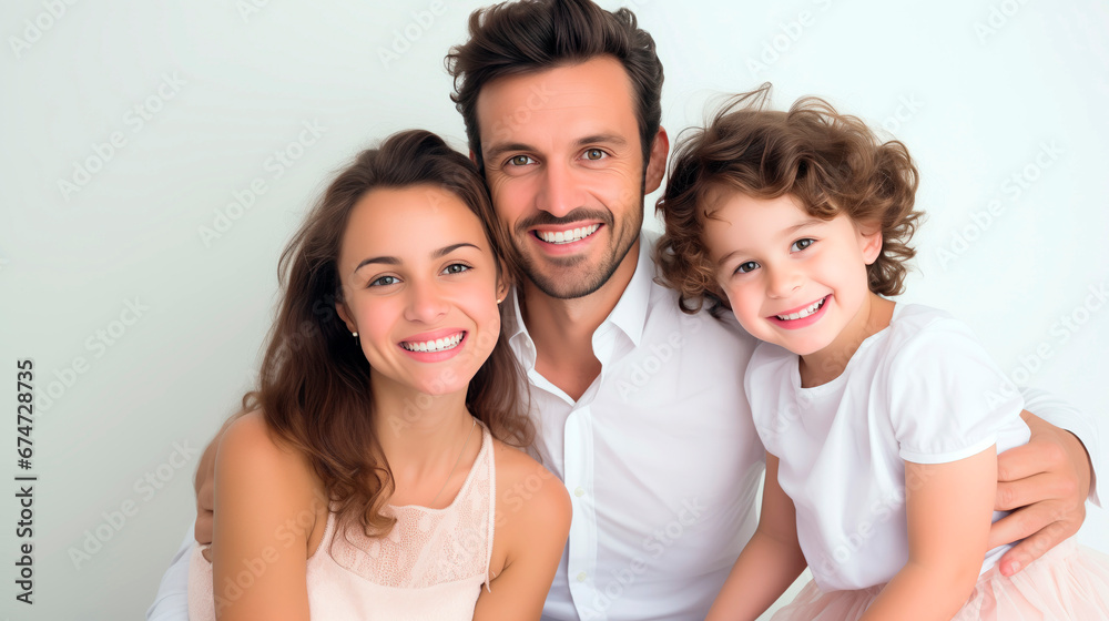 Joyful cheerful young parents, mother and father along with child daughter, in matching white t-shirts, shared laughter and warm embraces Joyful cheerful young parents, mother and father along with child daughter, in matching white t-shirts, shared laughter and warm embraces