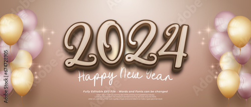 Happy new year 2024 with editable number three dimension text style