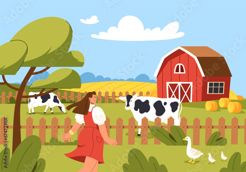 Countryside scene concept. Woman near fence with cows and goses at background of barn with haystacks. Rural village and farm. Spring and supper landscape. Cartoon flat vector illustration