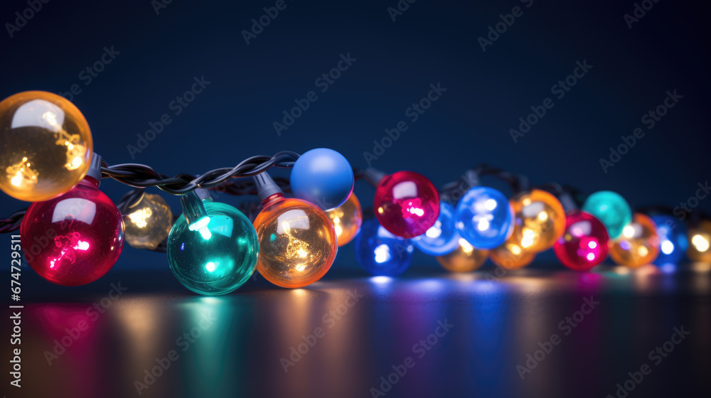 illuminated bulbs in the foreground, set against a dreamy backdrop of colorful bokeh lights.