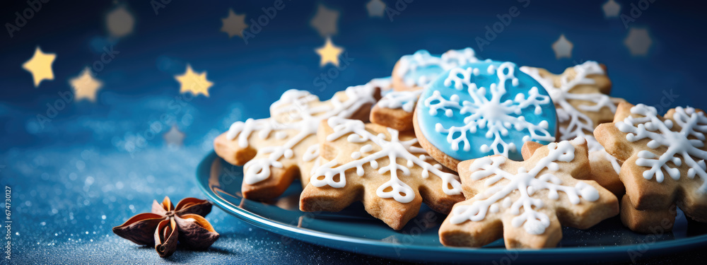 Fototapeta premium Christmas cookies on a plate against a blue background
