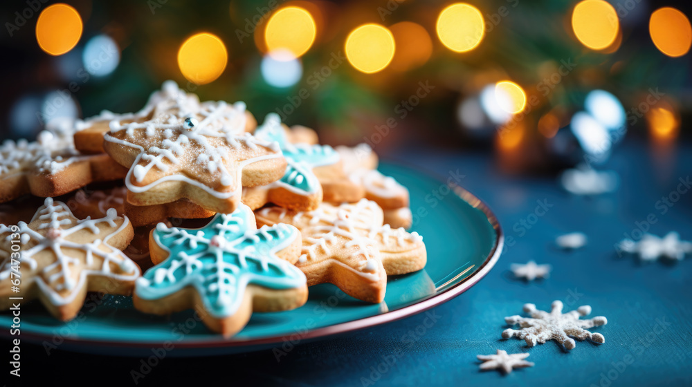 Christmas cookies on a plate against a blue background Christmas cookies on a plate against a blue background