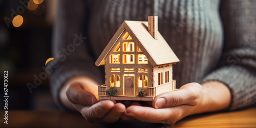 Closeup of woman hands holding house, architecture, building, construction, real estate and property concept, generative ai