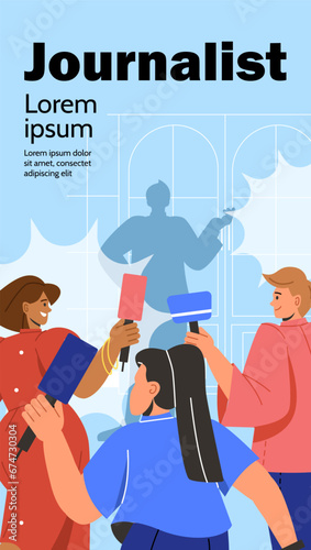Journalist poster template. Man and women with microphones at press conference. Mass media worker, reporter. Information and news. Flyer and booklet. Cartoon flat vector illustration