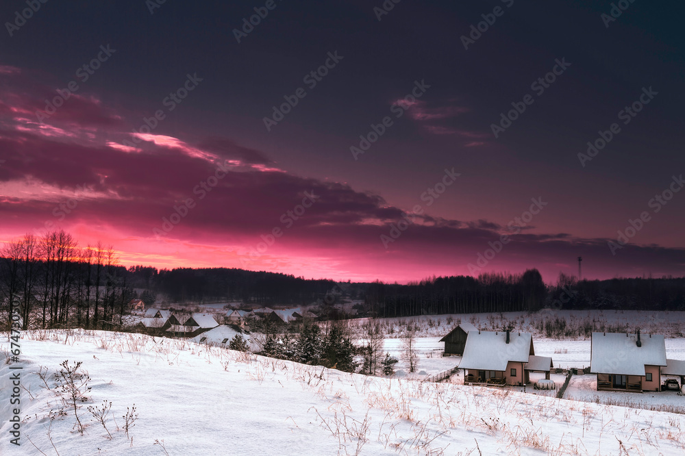 Landscape winter snowy fields in Poland, Europe on sunny day in winter, amazing colour blue sky sundown Landscape winter snowy fields in Poland, Europe on sunny day in winter, amazing colour blue sky sundown