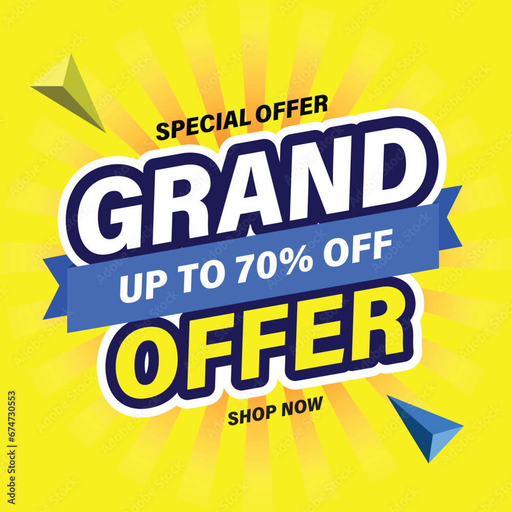 Grand Sale Shopping Poster or banner with Flash icon and 3D text on yellow background. Flash Sales 70% Off template design for social media and website. Special Offer Grand Sale campaign or promotion. Grand Sale Shopping Poster or banner with Flash icon and 3D text on yellow background. Flash Sales 70% Off template design for social media and website. Special Offer Grand Sale campaign or promotion.