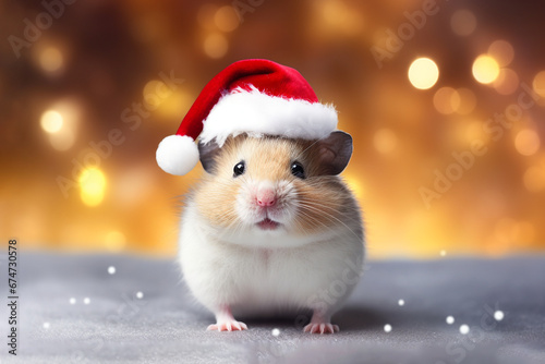 Happy hamster in Santa hat on bokeh background