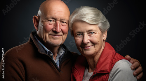 An elderly couple with white hair and glasses smile warmly at the camera against a black background.