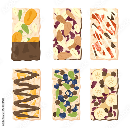 Muesli bars set. Healthy dessert and delicacy. Traditional morning eating with fruits. Chocolate with nuts, grape, banana and strawberry. Cartoon flat vector collection isolated on white background